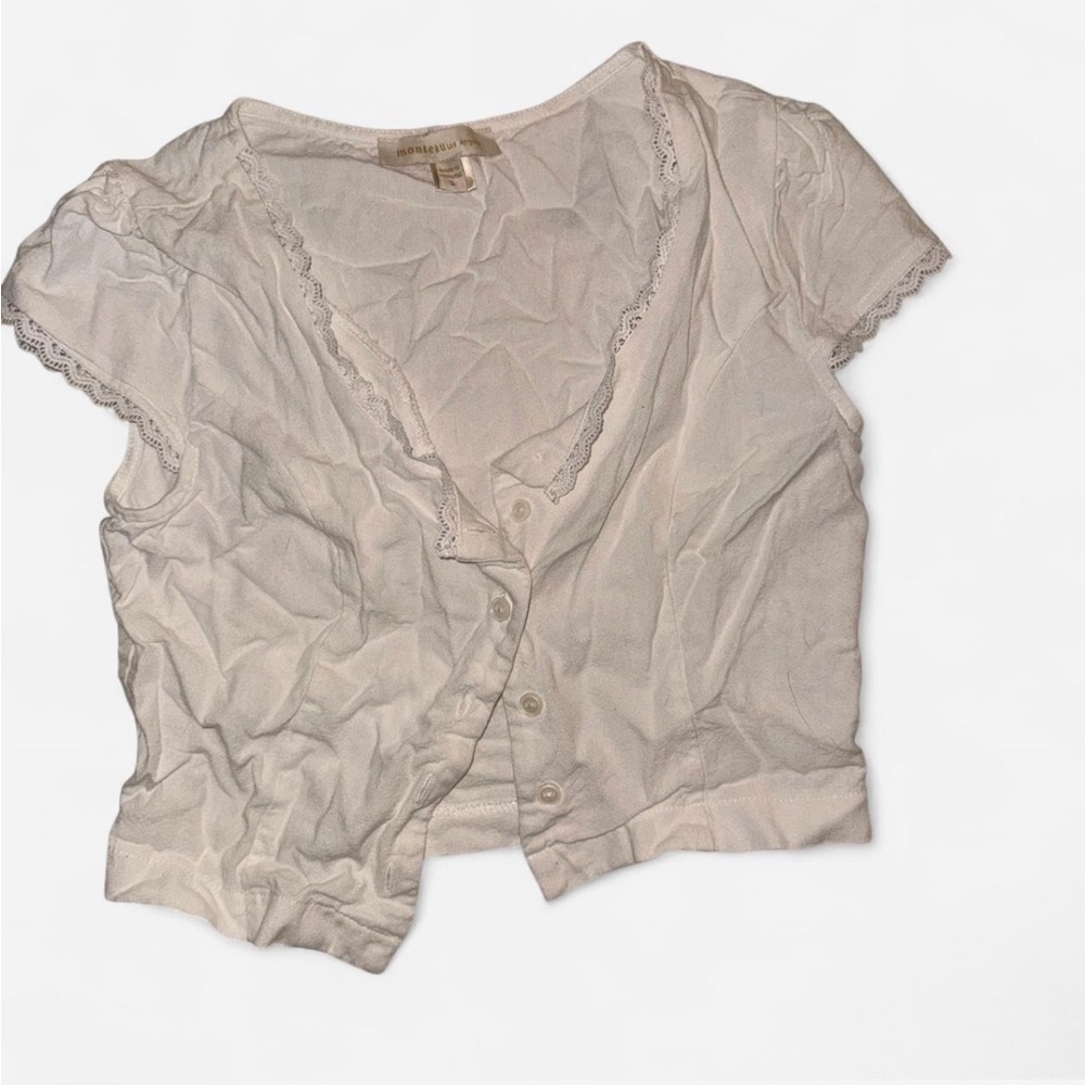 Light Cream Lace-Trim Button Front Crop Top